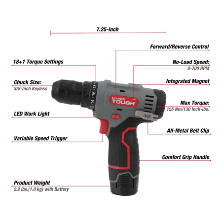 HYPER TOUGH 12V MAX LITHIUM-ION CORDLESS 3/8-INCH DRILL DRIVER WITH 1.5AH BATTERY, 99303