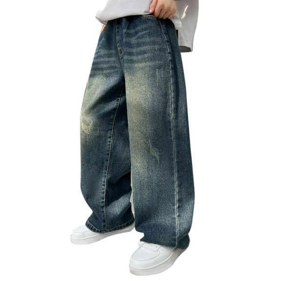 XIMIN Baggy Jeans for Kids Boys Teen New Straight Wide Leg Cargo Jeans Y2K Summer and Autumn Loose Casual Elastic Waist Denim Pants with Pockets (5-6 Years, Blue)