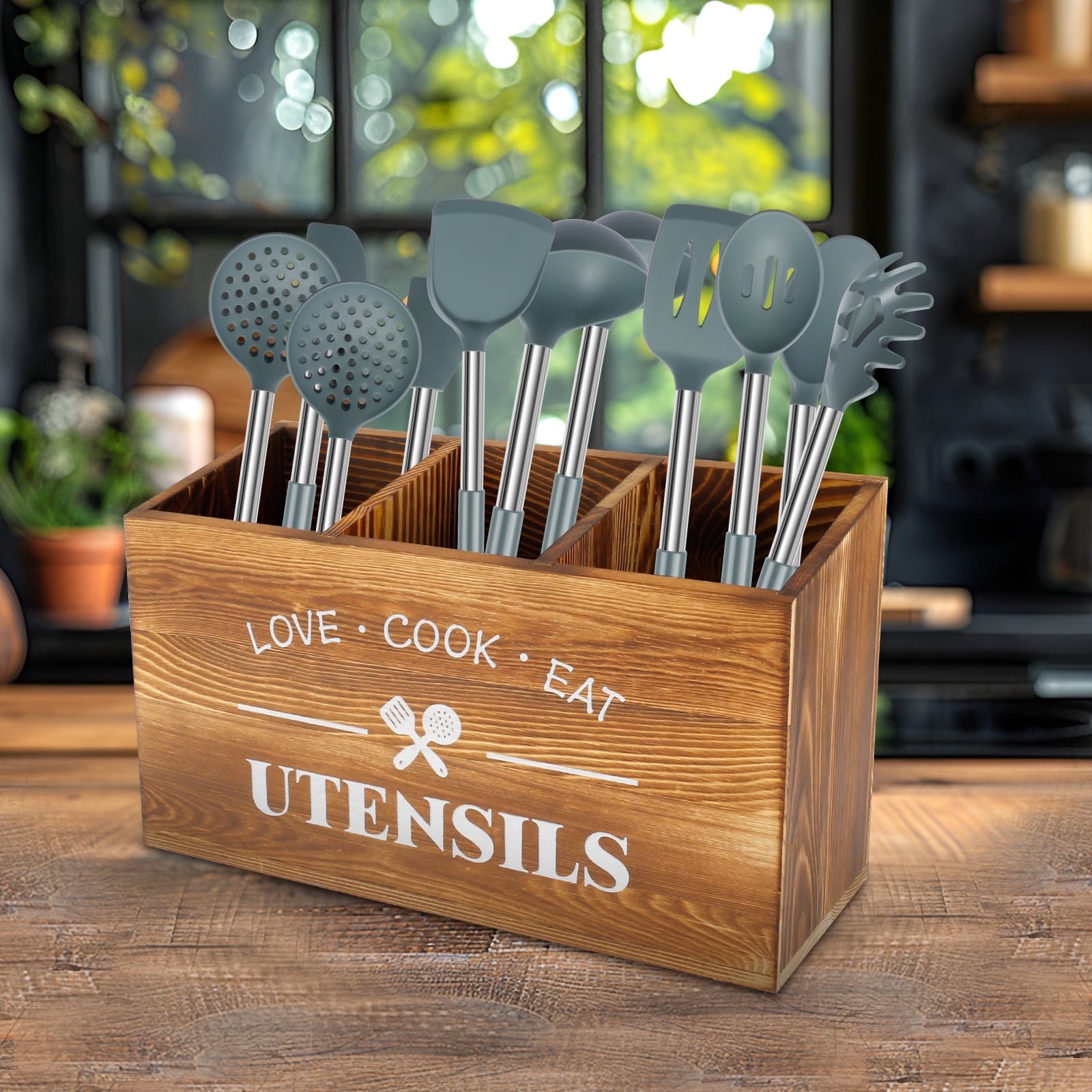 Extra Large Kitchen Utensils Holder, Wooden Utensil Organizer with 3 Compartments for Kitchen Countertop, Farmhouse Kitchen Decor, Rustic Cooking Utensil Storage