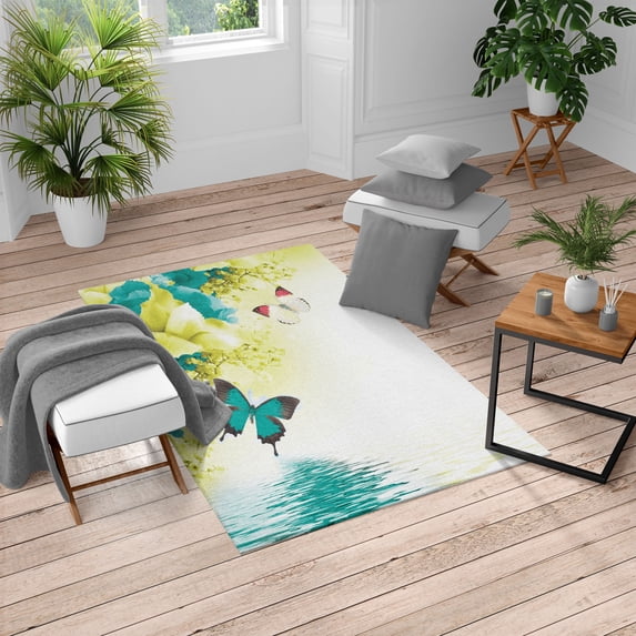 Floral Turkish Area Rug, Nature Theme Wild Flowers Monarch Flying Butterflies Lily on Lake Therapy Spa, Carpet for Living Room Decor with Distressed Look, 5.2' X 7.6', Dark Turquoise, by Ambesonne