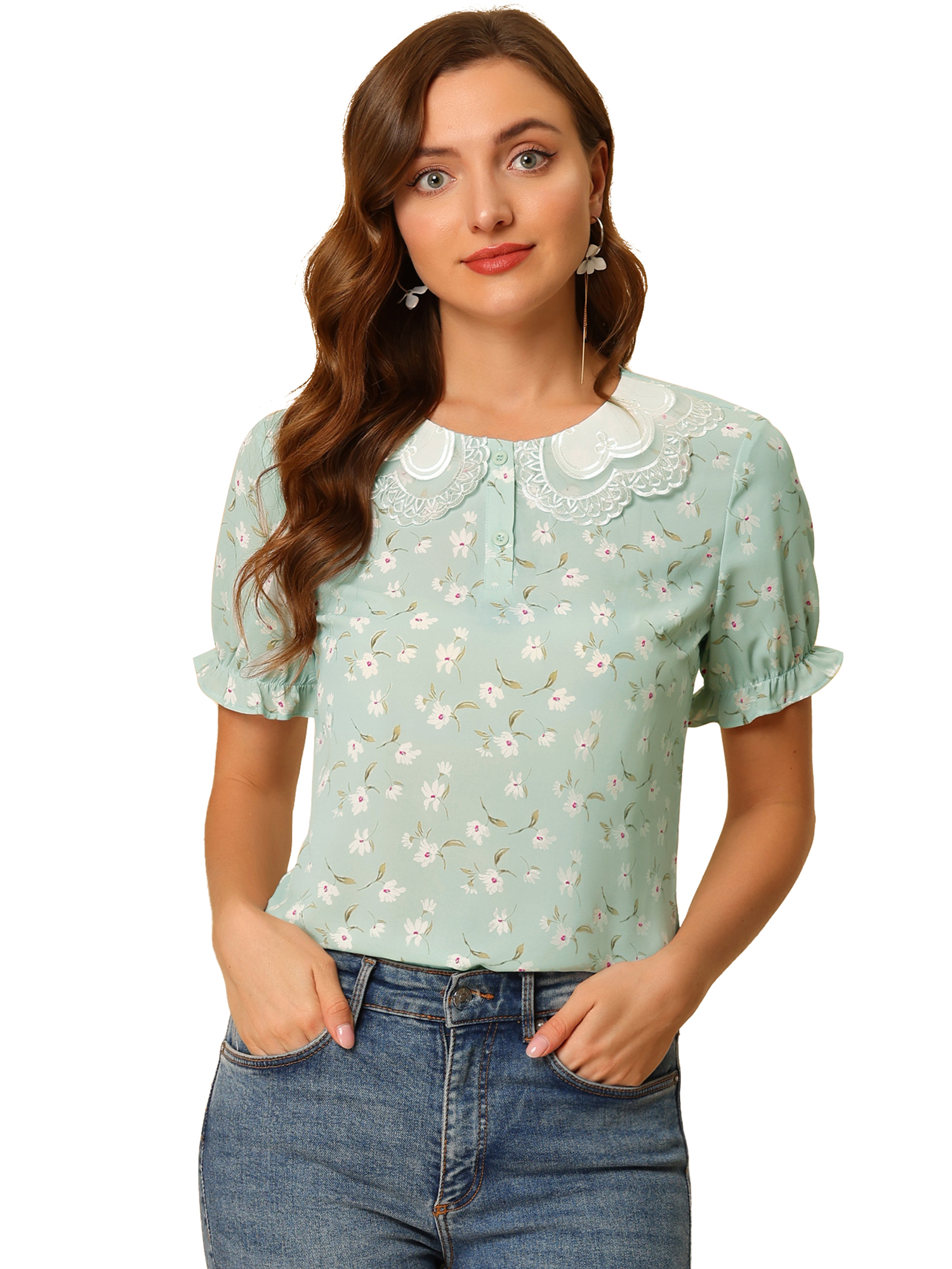 DARING DIVA Women's Ruffled Bubble Short Sleeve Floral Blouse M Green