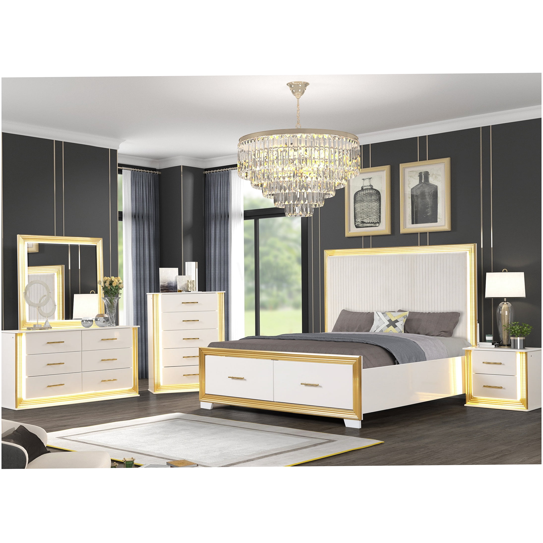 Queen Size Bed Frame with LED Headboard and Storage, Upholstered Platform Bed with Gold Finish