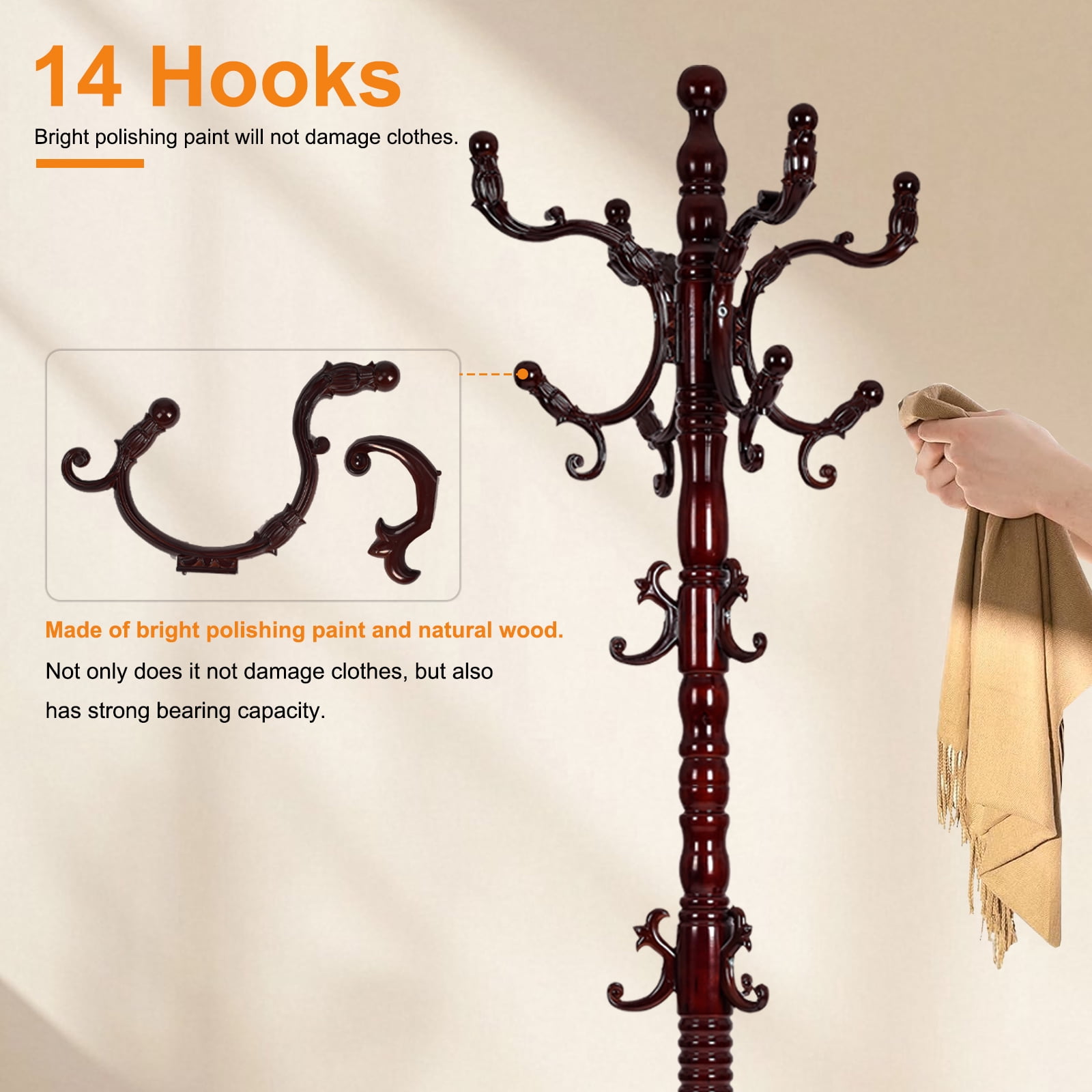 Freestanding Wooden Coat Rack, Natural Birch Wood Coat Tree with 14 Hooks, Sturdy Hall Tree for Entryway & Office