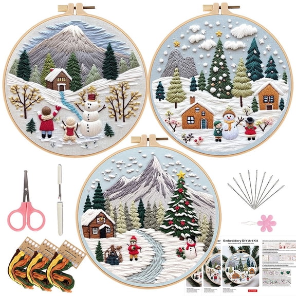 3 Pack Christmas Embroidery Kits for Beginners DIY Cross Stitch Craft Set with Hoops Threads and Patterns Holiday Ornament Embroidery Kit for Gift