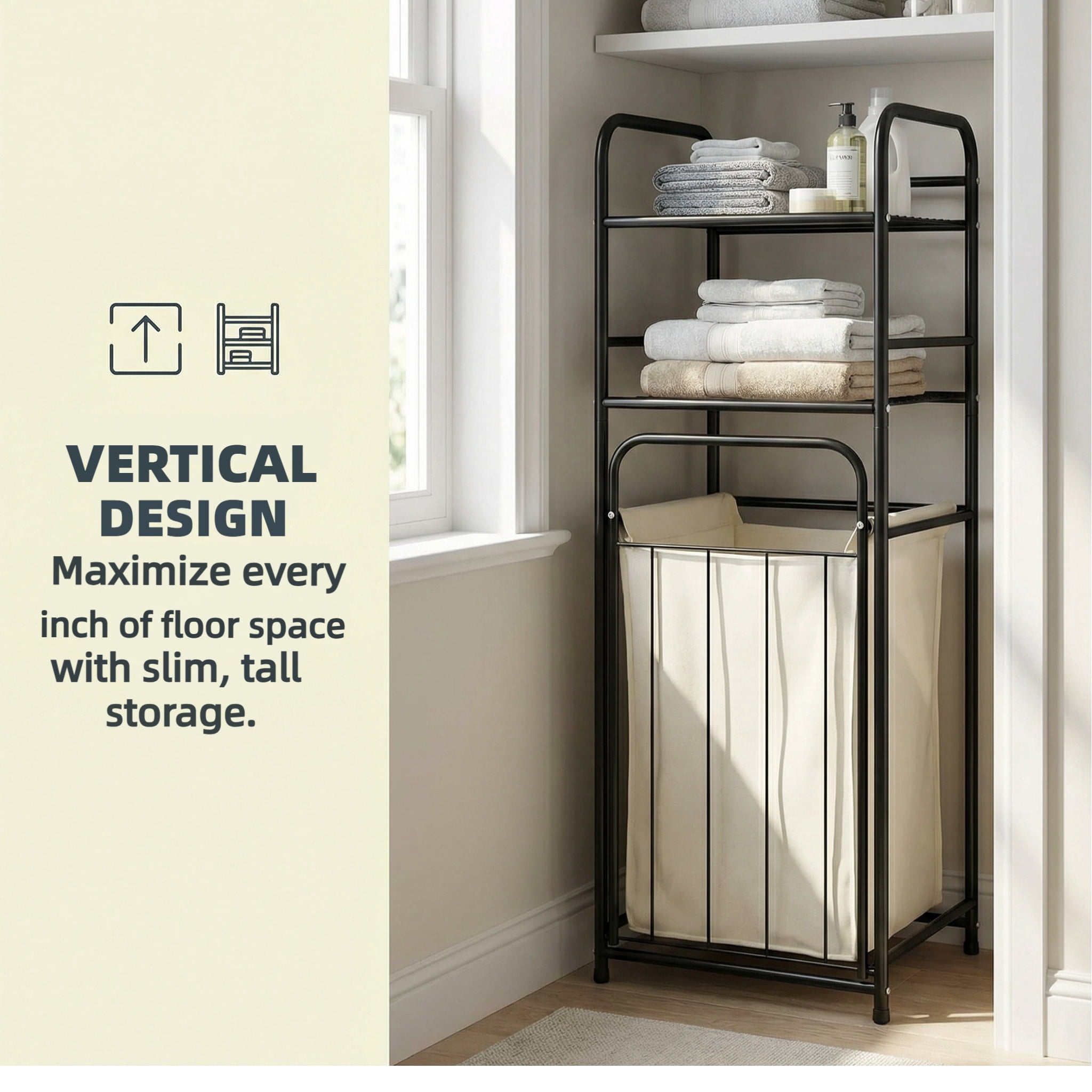 Takira Laundry Organize Basket Rack with Tilting Belt and Removable Bag,Featuring 2-Tier Shelving,Home