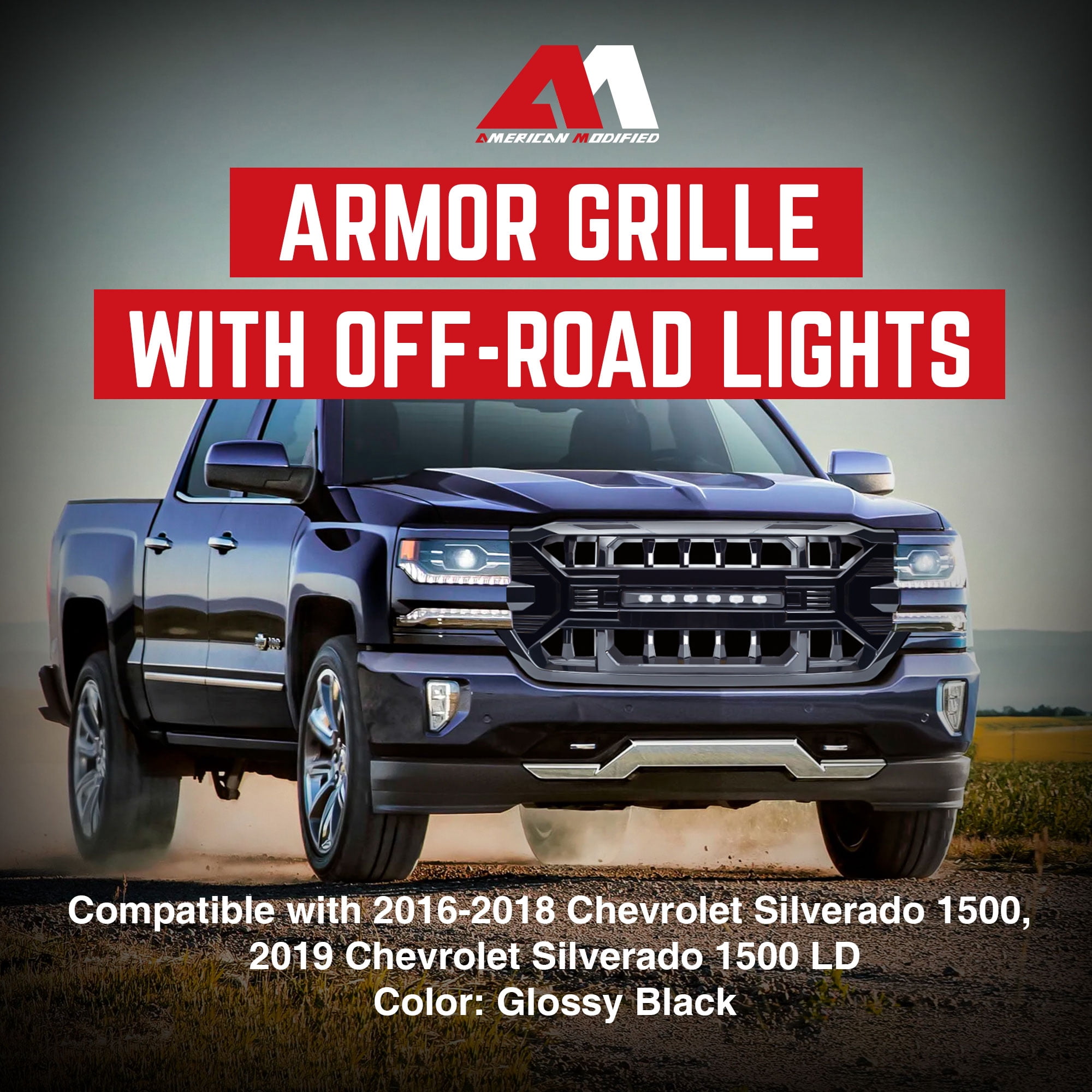 AMERICAN MODIFIED Armor Grille for 16-19 Chevy Silverado 1500, Glossy Black