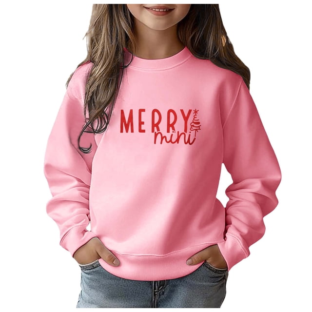 Chandail à Capuche de Noël pour Filles Lettres Joyeuses Manches Longues Mode Décontractée Col Rond Chandail d'Hiver Confortable pour Enfants