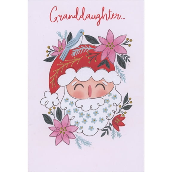 Designer Greetings Jolly Santa with Flowers in Beard and Bluebird on Hat Christmas Card for Granddaughter