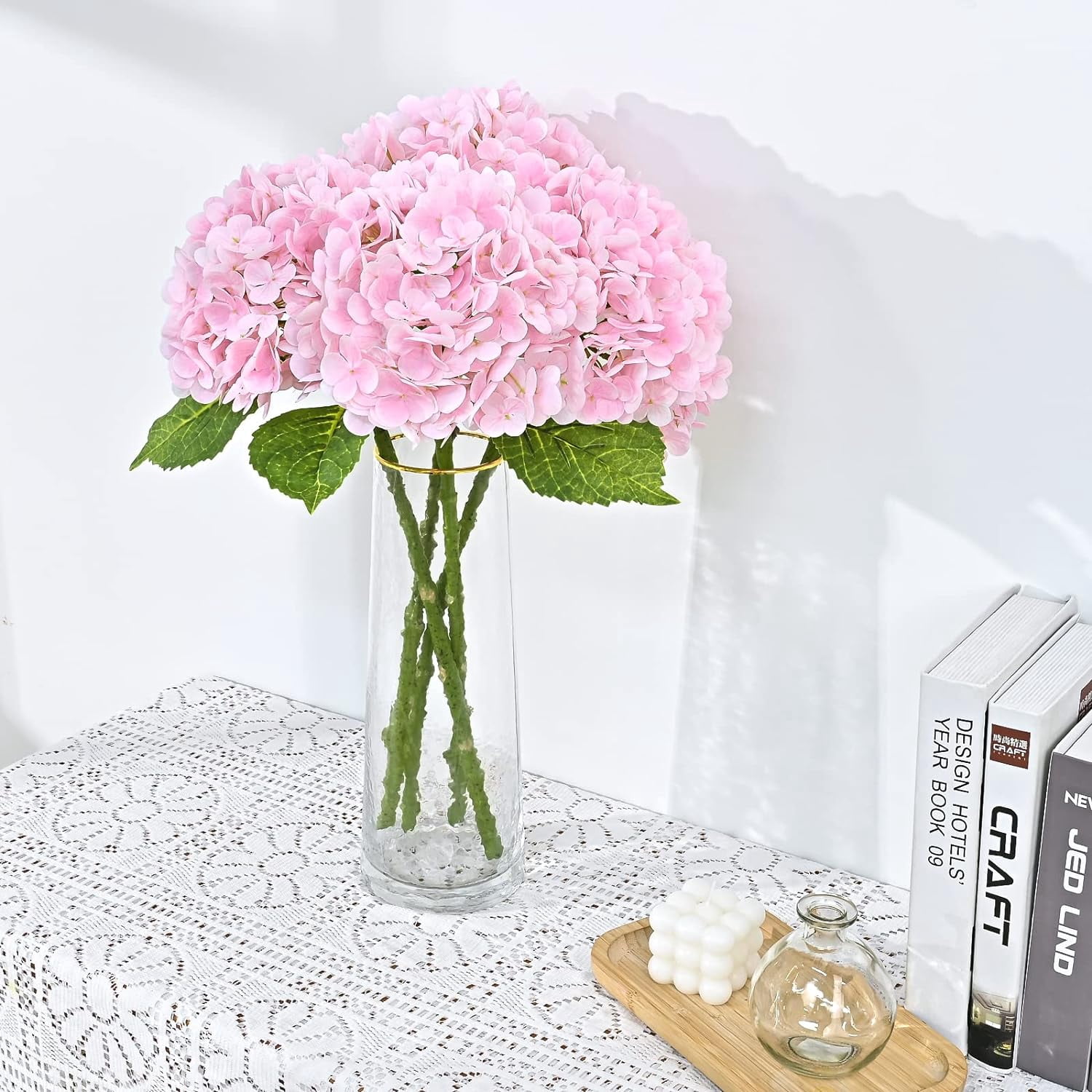 Real Touch Hydrangea Artificial Flowers with Long Stem & Leaves, Full Latex Faux Hydrangea Flowers for Home Decor Party Floral Arrangements Wedding Bouquets Centerpieces(Pink, 3Pcs)