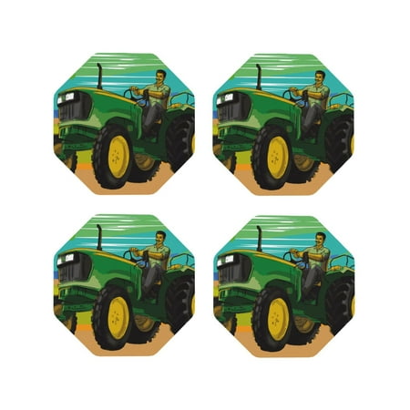 

Fuzoiu farmer working with tractor at field Print Leather Coasters Set Drink Coasters Set of 4 for Tabletop Protection Durable PVC Coasters Home Décor and Housewarming Gift-Octagon
