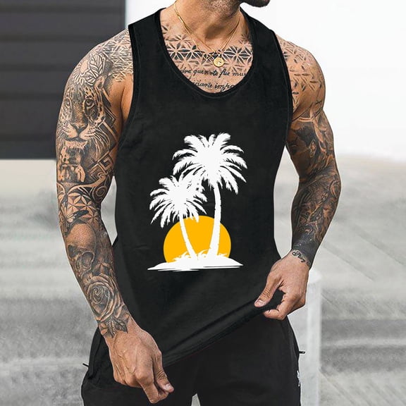Gifts for Men! Titcea Tank Tops Men Palm Tree Printed Round Neck Sleeveless Workout Shirts Hawaiian Beach Holiday T Shirts Summer Casual Tank Top