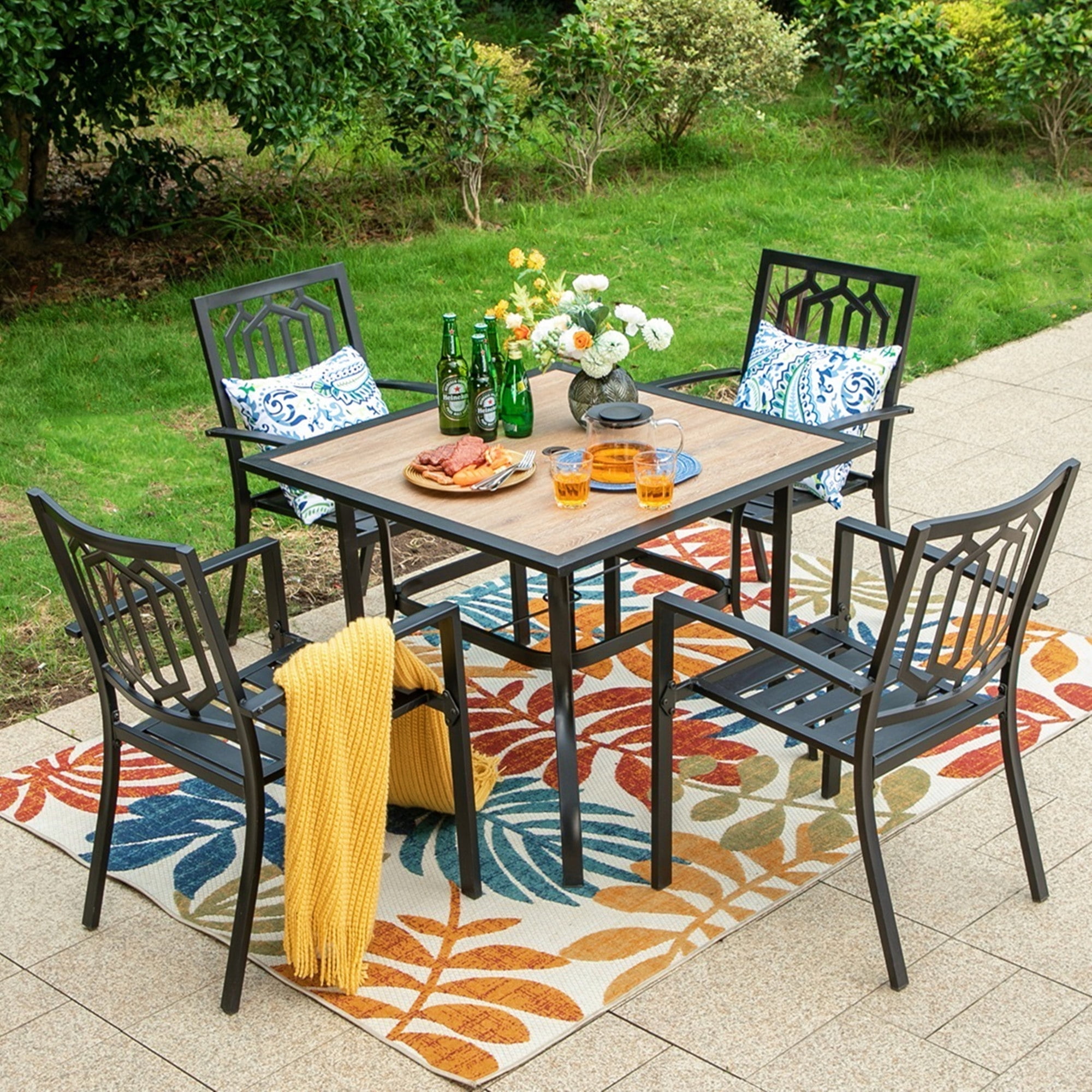 MF Studio Set of 2 Outdoor Patio Dining Stackable Chairs,All-Weather Steel Frame, Geometric Back, Black
