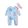 Baby Girl Floral Romper Long Sleeve Blue Rose Jumpsuit+Headband Infant Bodysuit One Piece