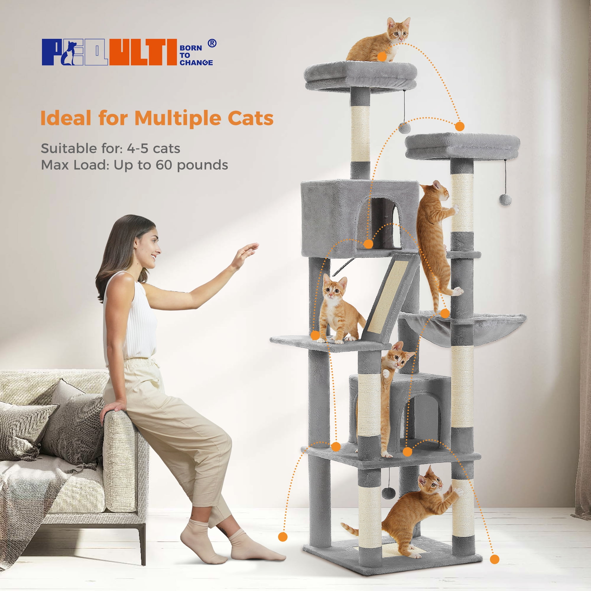 PEQULTI 71 " Large Cat Tree Tower for Cat with Dual Condos and 6 Scratching Posts Indoor Gray
