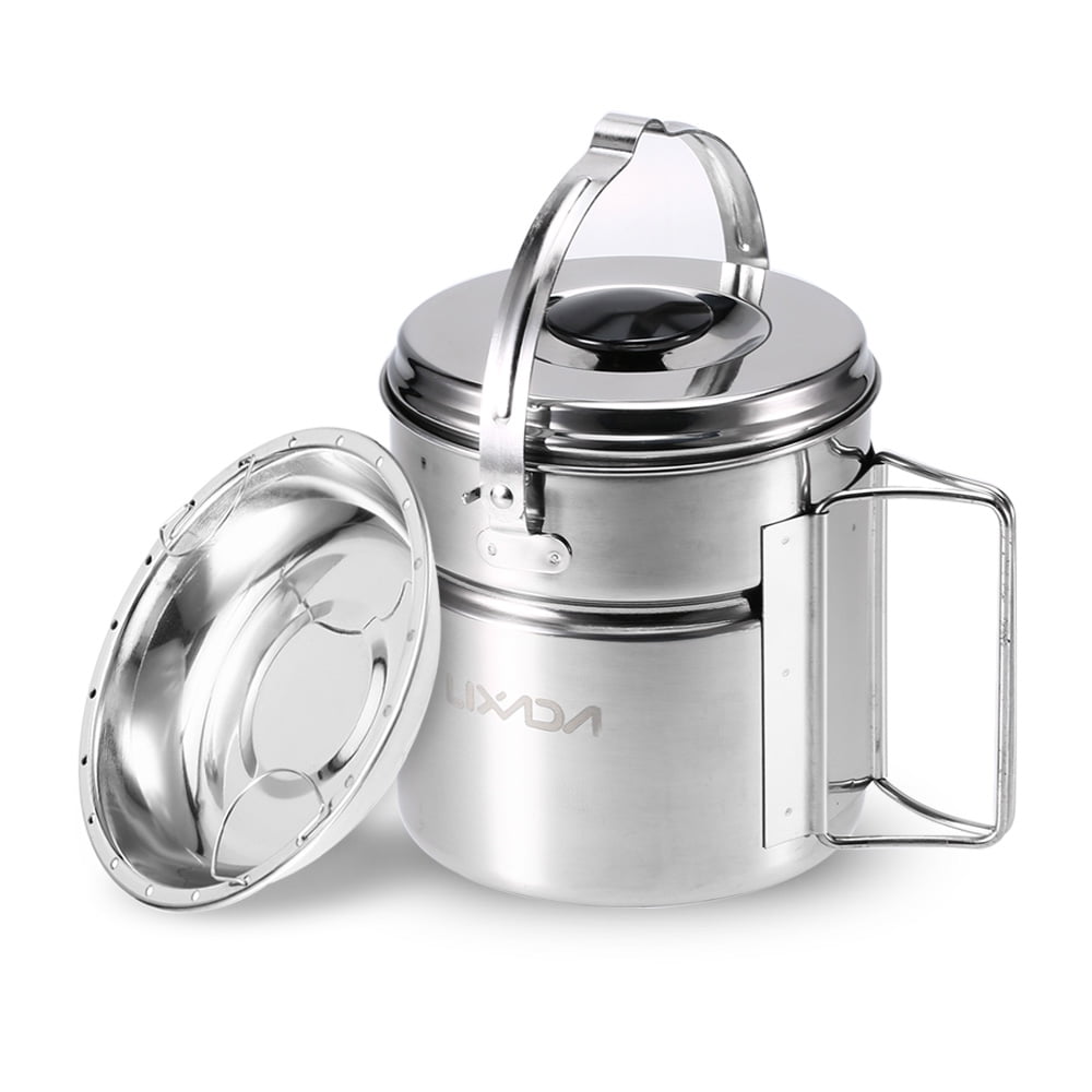 Lixada Stainless Steel Bail Handle Camping Pot with Internal Steaming Dish Foldable Handle