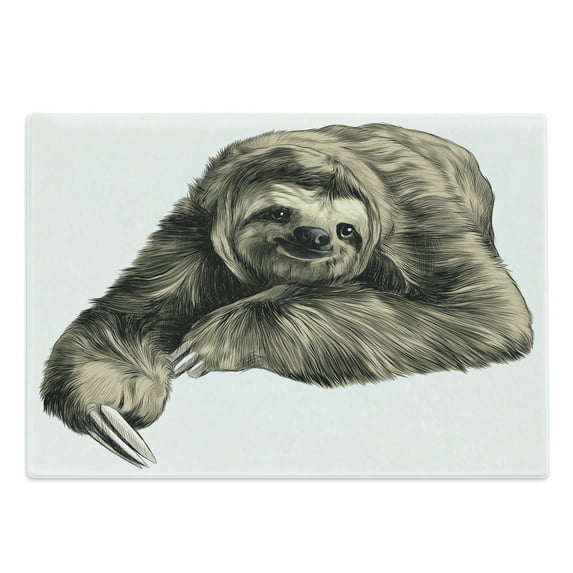 Sloth Cutting Board, Sweetly Smiling Jungle Animals Lying down Crossed Legs Tropic Fauna Sketch, Decorative Tempered Glass Cutting and Serving Board, Large Size, Ivory Black, by Ambesonne