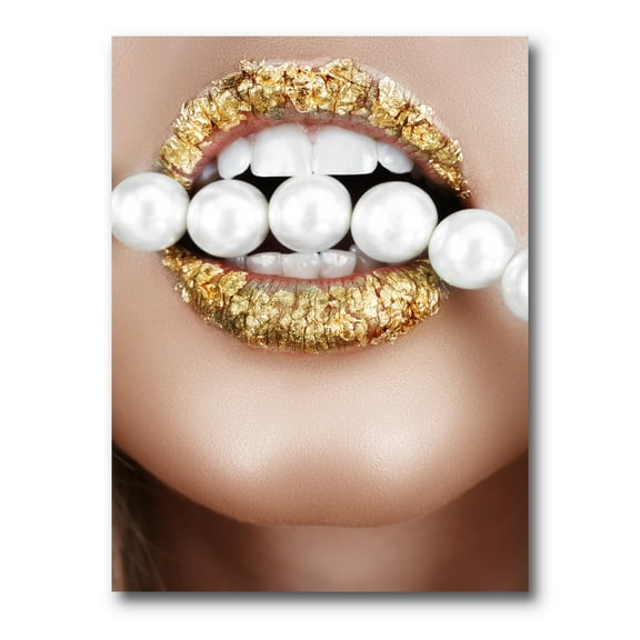 Designart ' Gold Leaf Lips Mouth With Pearls ' Modern Canvas Wall Art Print