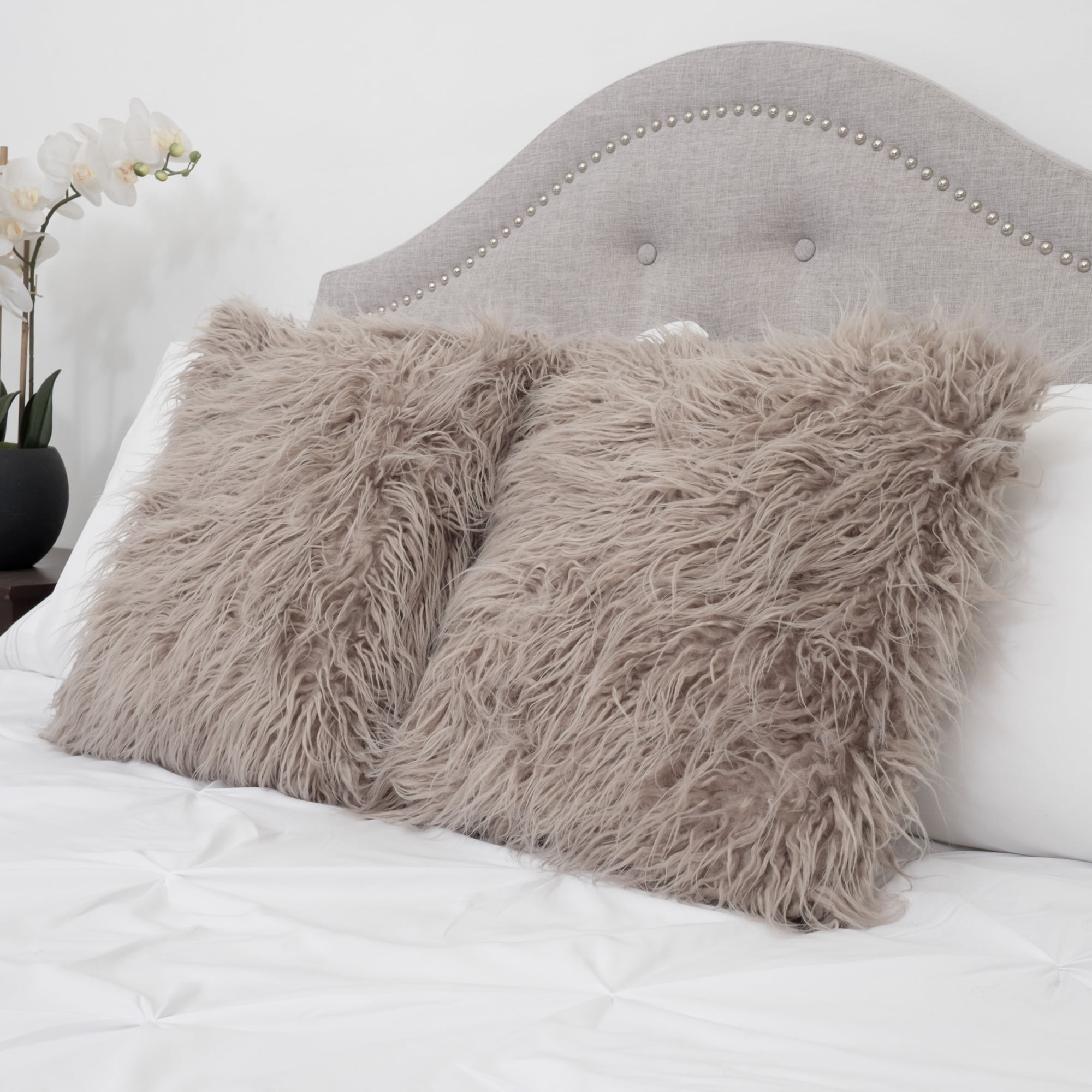 Mongolian Long Hair Faux Fur Decorative Throw Pillow Pair 18" x 18