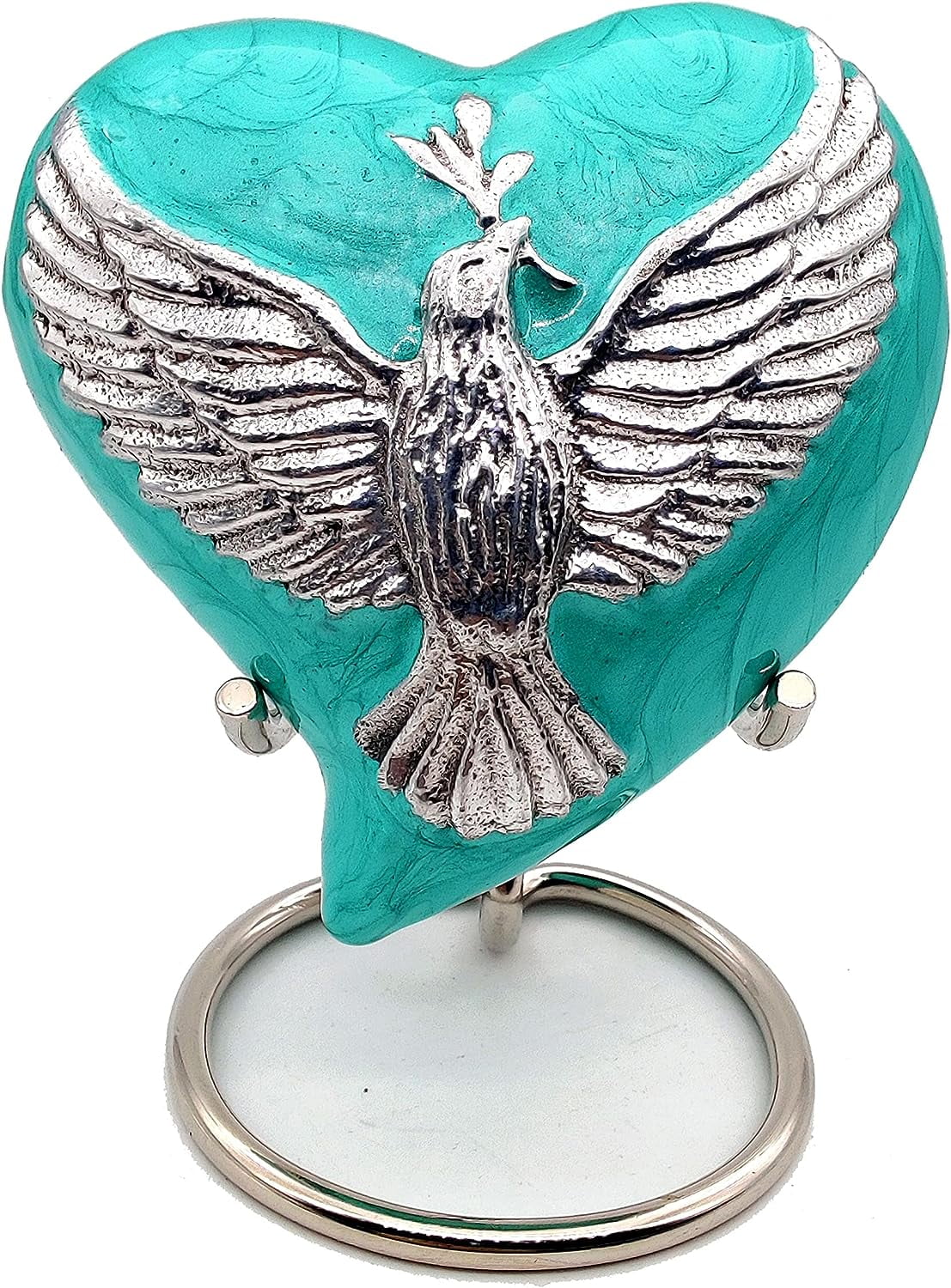 5MOONSUN5's Heart Sea Green Urn Keepsake Cremation Urn for Human pet Ashes with Bird engraved Urn Heart Shaped Perfect for Adults & Infants Honor Your Loved One. Comes with Brass Stand & Premium Box