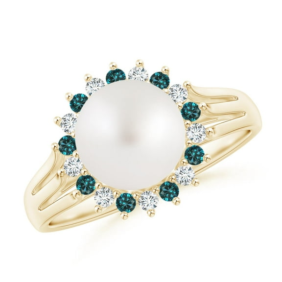 ANGARA South Sea Cultured Pearl and Blue Diamond Ring in 14K Yellow Gold for Women | June Birthstone, Birthday, Anniversary, Jewelry Gift for Women | Pearl Ring