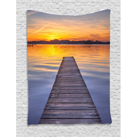 Lake Tapestry, Summer Sunset over Serene Water of Lake Paterwoldsemeer with Wooden Jetty, Wall Hanging for Bedroom Living Room Dorm Decor, 60W X 80L Inches, Orange Blue Grey Umber, by Ambesonne