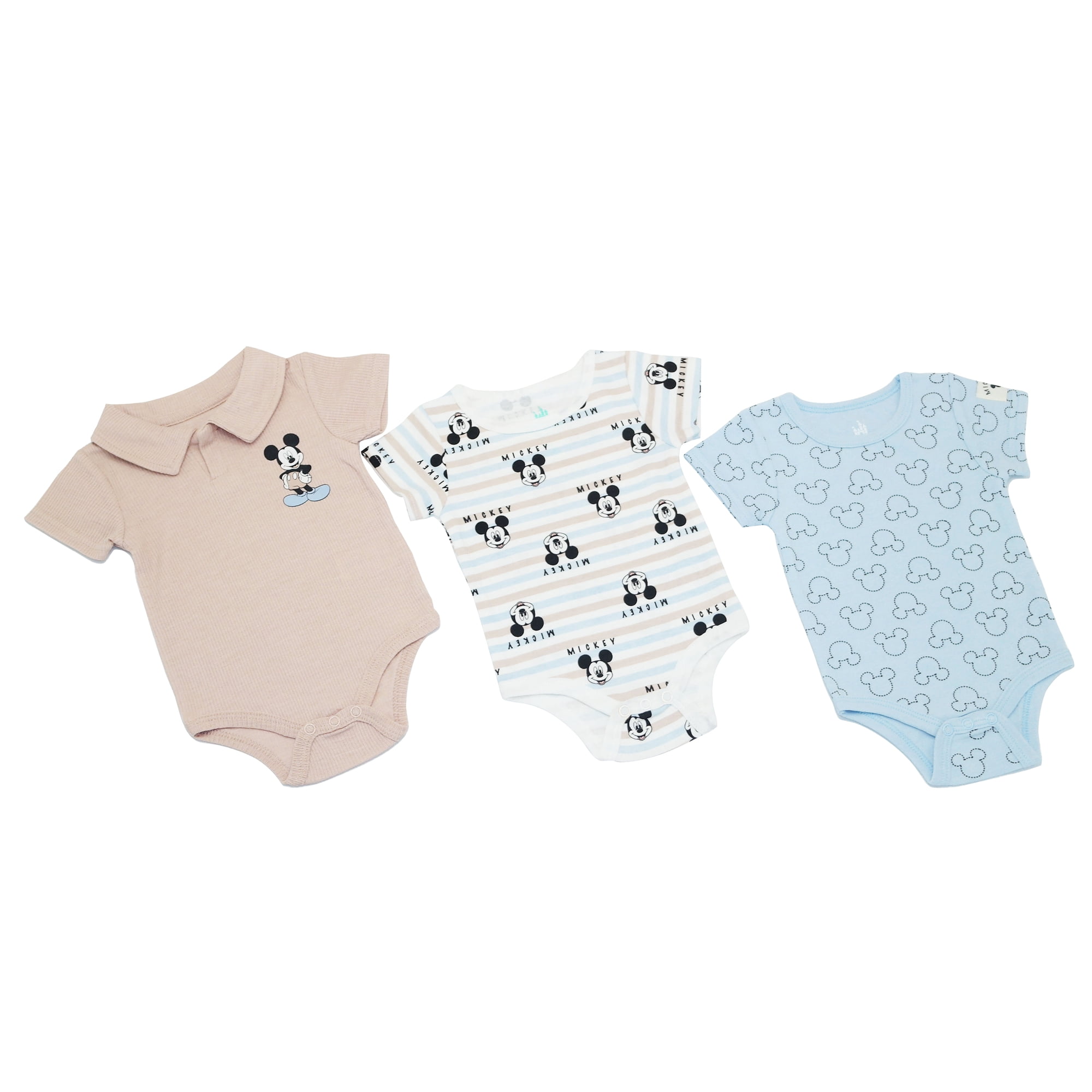 Disney Clothes Baby Boys 3-Pack Bodysuits – Mickey Mouse Short Sleeve Bodysuit Set (Brown/Blue) 0/3M