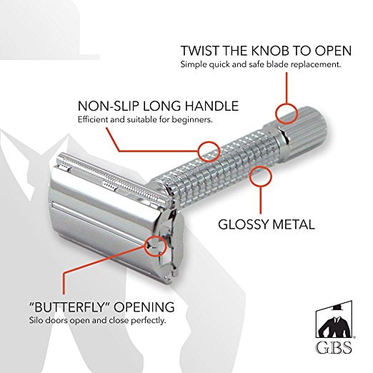 Polished Chrome Steel Butterfly Safety Razor - Razor Case + 10 blades included in Gift Box