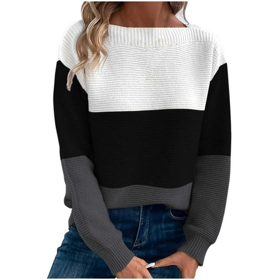 ZACPNCV Sweater for Women Color Block Long Sleeved Pullover Knitted Crewneck Winter Warm Outdoor Sweater Black 3XL
