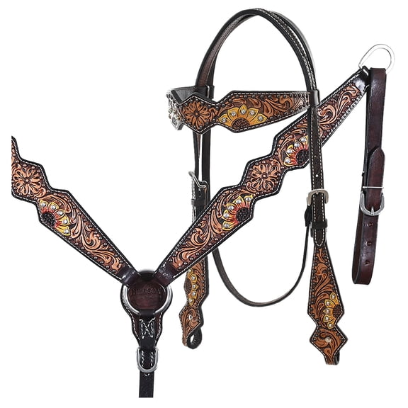 HILASON Western Horse Headstall Breast Collar Set American Leather Tan Dark Brown Sunflower