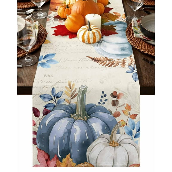 Thanksgiving Pumpkin Harvest on Vintage Table Runner-36 Inch Long Fall Leaves Table Runners Linen Burlap Tablerunner for Kitchen Dining Room Holiday Party