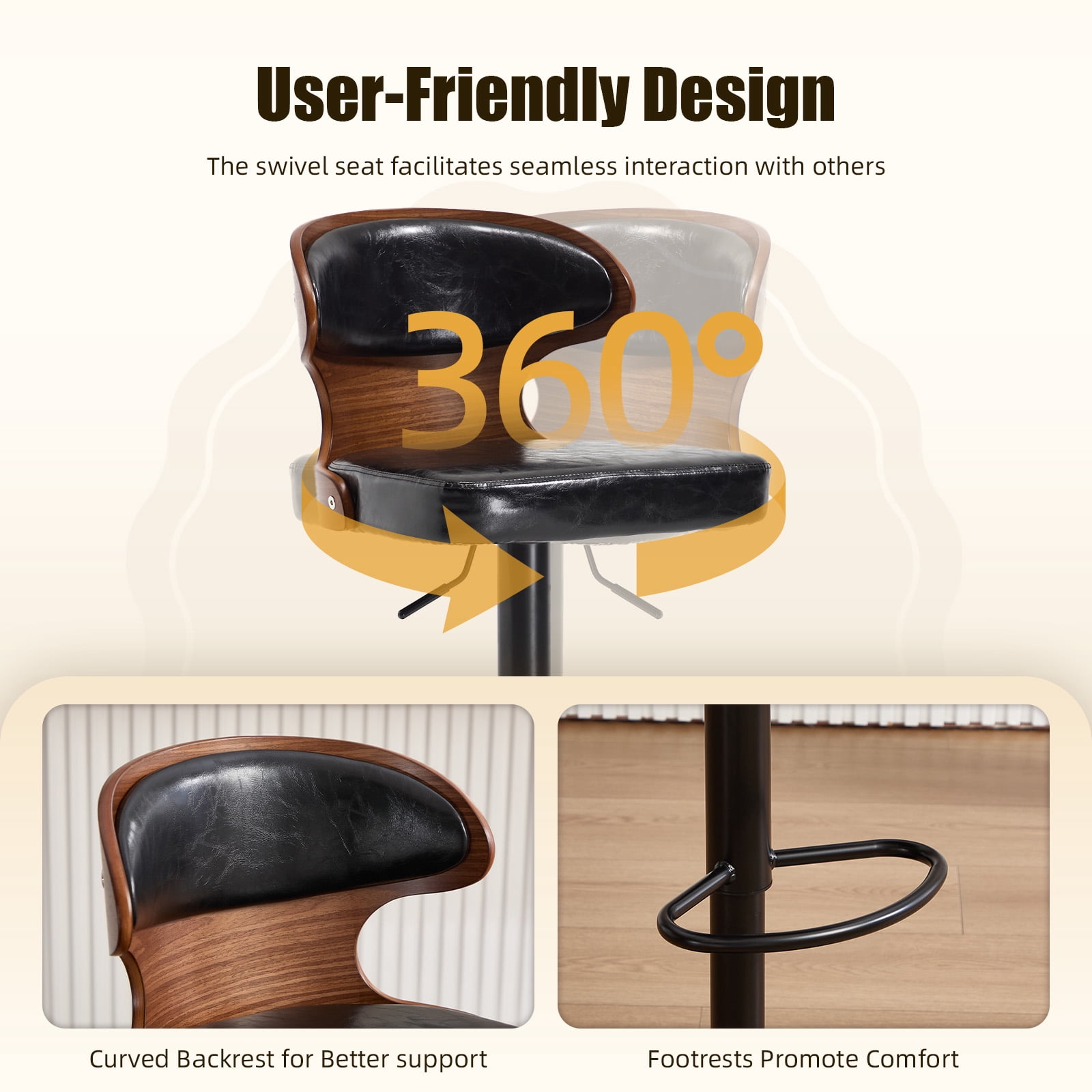 MOONMISS Swivel Bar Stools Set of 2, Wooden Kitchen Bar Chairs with Back, PU Leather Counter Height Barstools for Kitchen Island,