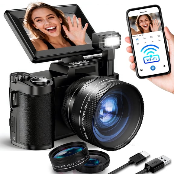5K Vlogging Camera with WiFi 64MP 5K Digital Camera for Photography Vlog Camera with Flip Screen Video Camera for YouTube with wide-angle and macro lens,Batteries