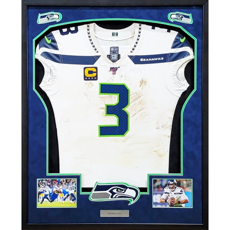 Russell Wilson Framed Game Used Seattle Seahawks White Nike Jersey With Captain s Patch & NFL 100 Logo Unsigned SKU #203517