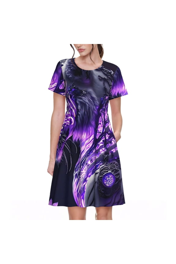 Purple Pattern White Tiger Print Womens Summer A-Line Dress with Pockets,Short Sleeve Dresses,Flowy Beach Swing Dress for Vacation Travel