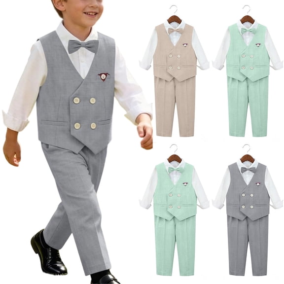 SDNall 4 Pack Boys Formal Dress Outfit, Vest Long Sleeve Shirt & Trousers with Bow Tie & Strap, Traditional Tailored Suit Set, Wedding Birthday Party Family Holiday Clothes Set for Boys 1-12 Years