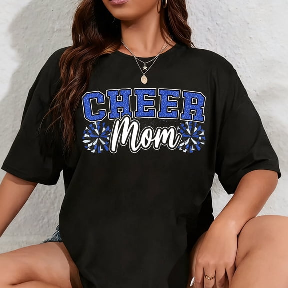 100% Cotton Funny Loud Proud Cheer Mom Mama Cheerleading Blue Black Pom T-Shirt