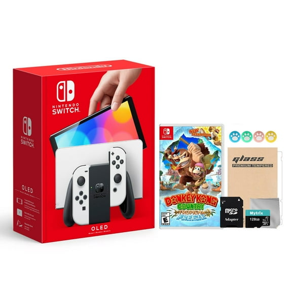 2021 New Nintendo Switch OLED Model White Joy Con 64GB Console Improved HD Screen & LAN-Port Dock Bundle with Donkey Kong Country And Mytrix Accessories