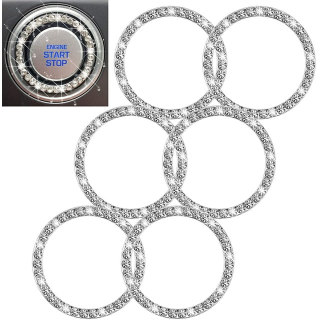 6 Pcs Car Crystal Rhinestone Ring, Bling Silver Sticker Emblem Ring, Sparkly Car Interior Accessory Decoration Ring for Auto Engine Ignition Button Key & Knobs, Unique Gift (Silver)