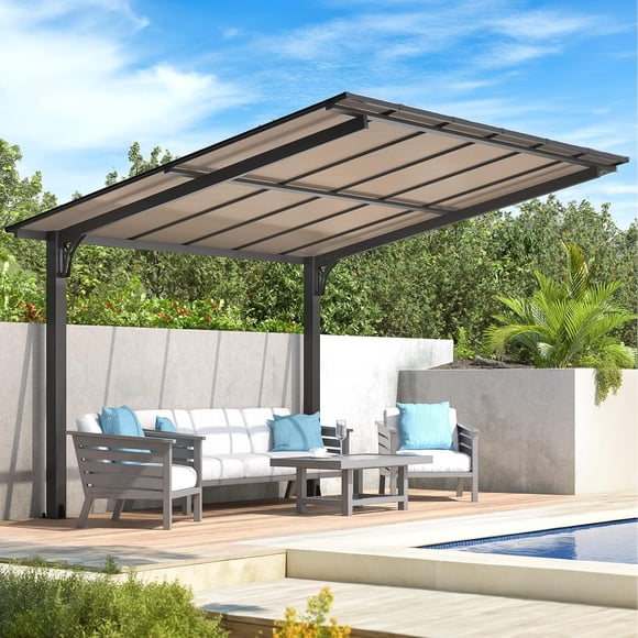 AECOJOY 12'x10' Wall Mounted Hardtop Gazebo & Pergola, Aluminum Frame, All-Weather Canopy for Patio, Porch & Backyard (Black)