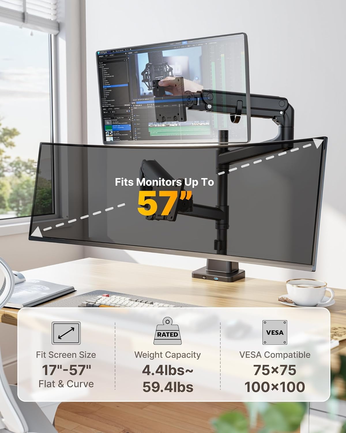 monTEK Dual Monitor Arm for 17–57 in Ultrawide Screens, Heavy Duty Gas Spring Desk Mount Holds 59.4 lb per Screen, Vertical Stackable Adjustable Stand, VESA 75x75/100x100, Clamp & Grommet, Black