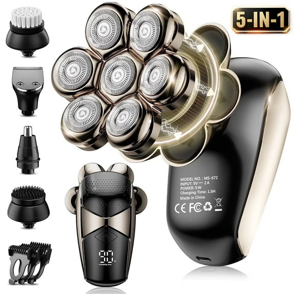 Nogroa Head Shavers for Bald Men, Magnetic Electric Razor, 7D Rotary Shaver 5 in 1 Grooming Kit, IPX7 Waterproof, Wet/Dry, LED Display, Rechargeable, Cordless