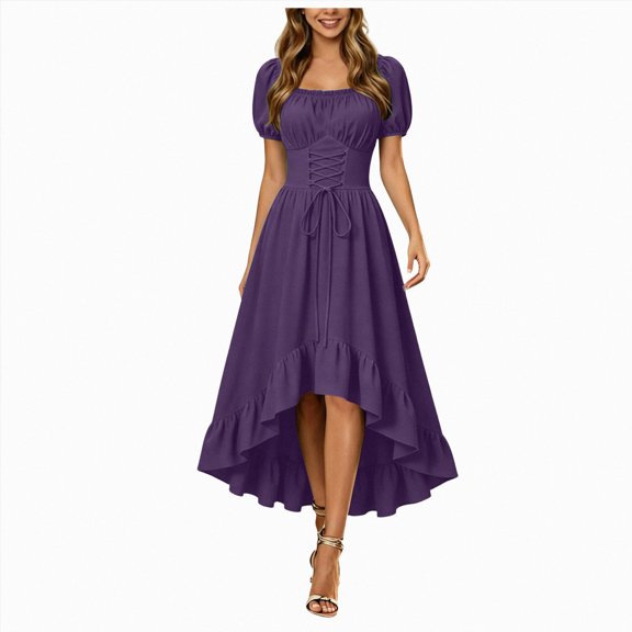 yboeqw Womens Square Neck Short Puff Sleeve Dress Corset Lace‑Up Waist Ruffled High‑Low Hem Gothic Party Midi Dress Size S
