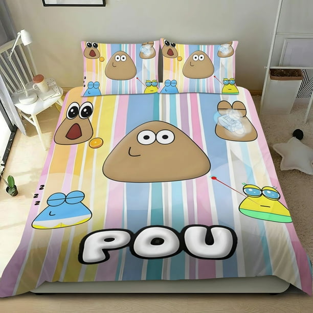 Pou Conjunto de sábanas temático, trío de piezas, cómodo y amigable con la piel, diseño único, regalo de decoración para el hogar para familiares, amigos y fans,135cm *200cm