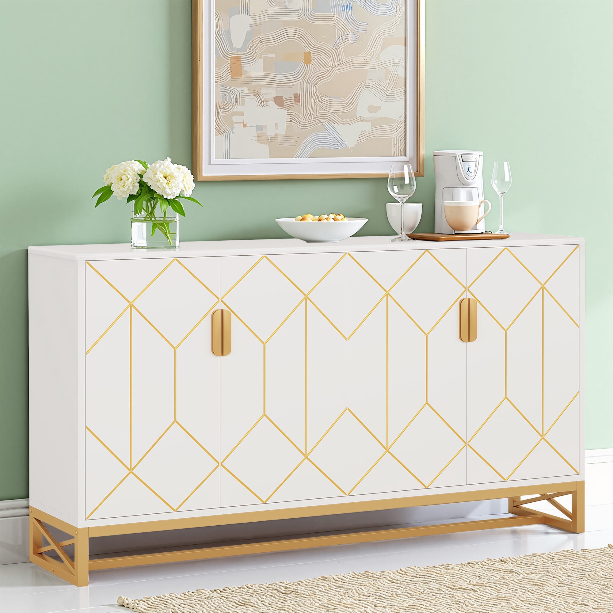 MAYEERTY Luxurious White & Gold Buffet Cabinet Modern Contemporary Stylish Design
