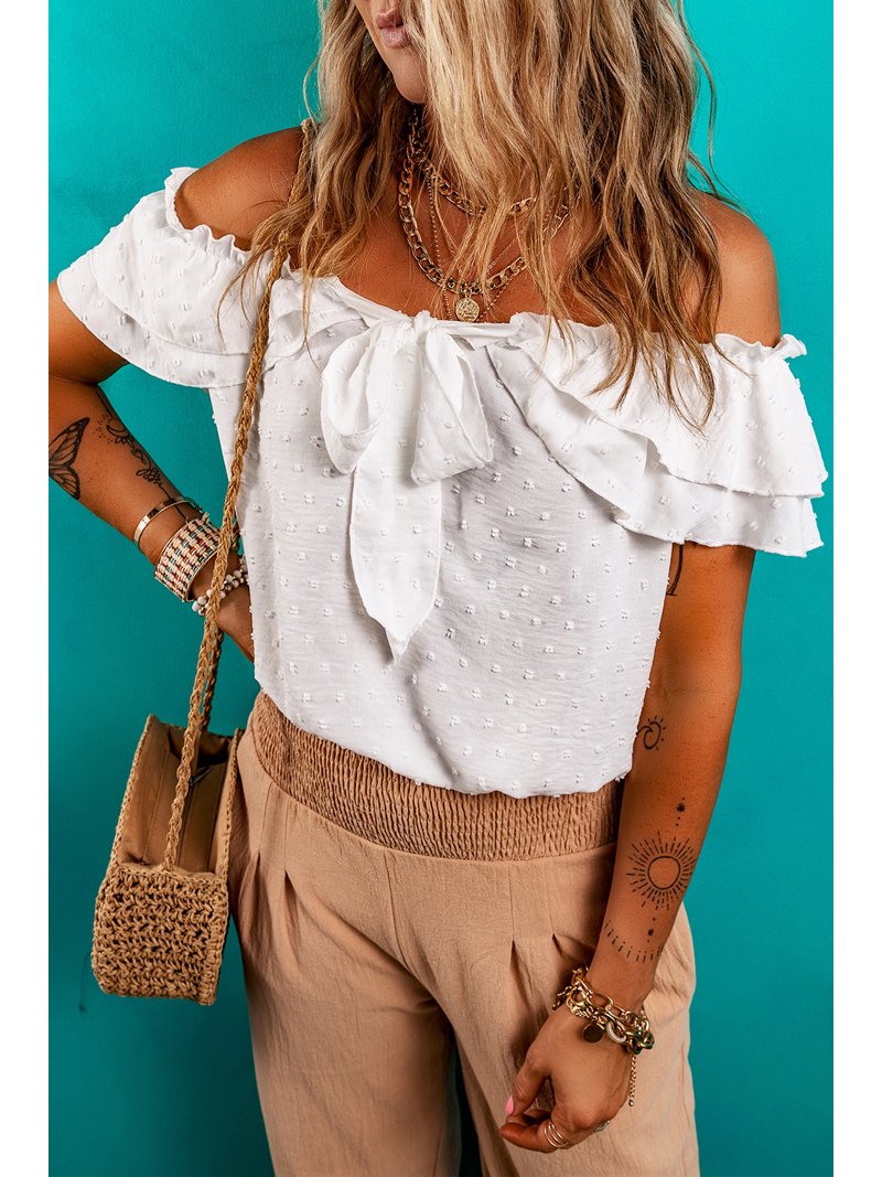 Chic and Romantic White Swiss Dot Blouse with Off Shoulder Design and Bow  Knot | [ZhiHiMeRi] | (US 8-10)M - Walmart.com, image size:800x1067