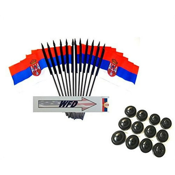 Pack of 12 4"x6" Serbia Polyester Miniature Office Desk & Little Table Flags, 1 Dozen 4x6 Serbia Small Mini Handheld Waving Stick Flags with 12 Flag Bases (Stands)