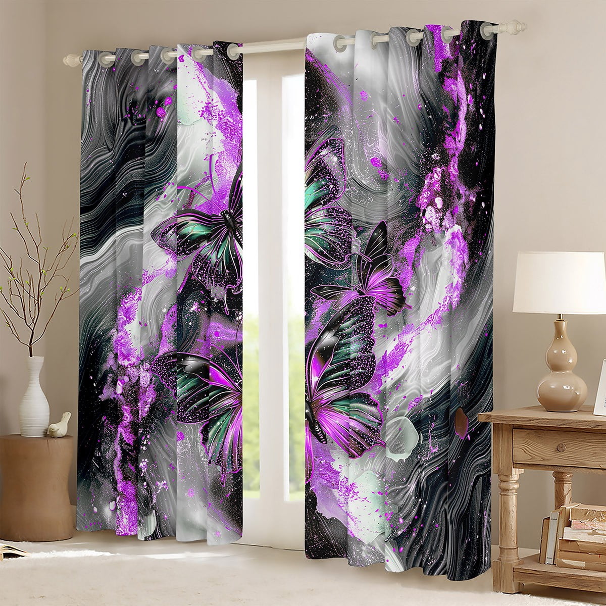 Black Marble 30%-50% Blackout Curtains Teal Butterfly Curtains,Lilac Marbling Curtains & Drapes 2 Panels 38"Wx54"L