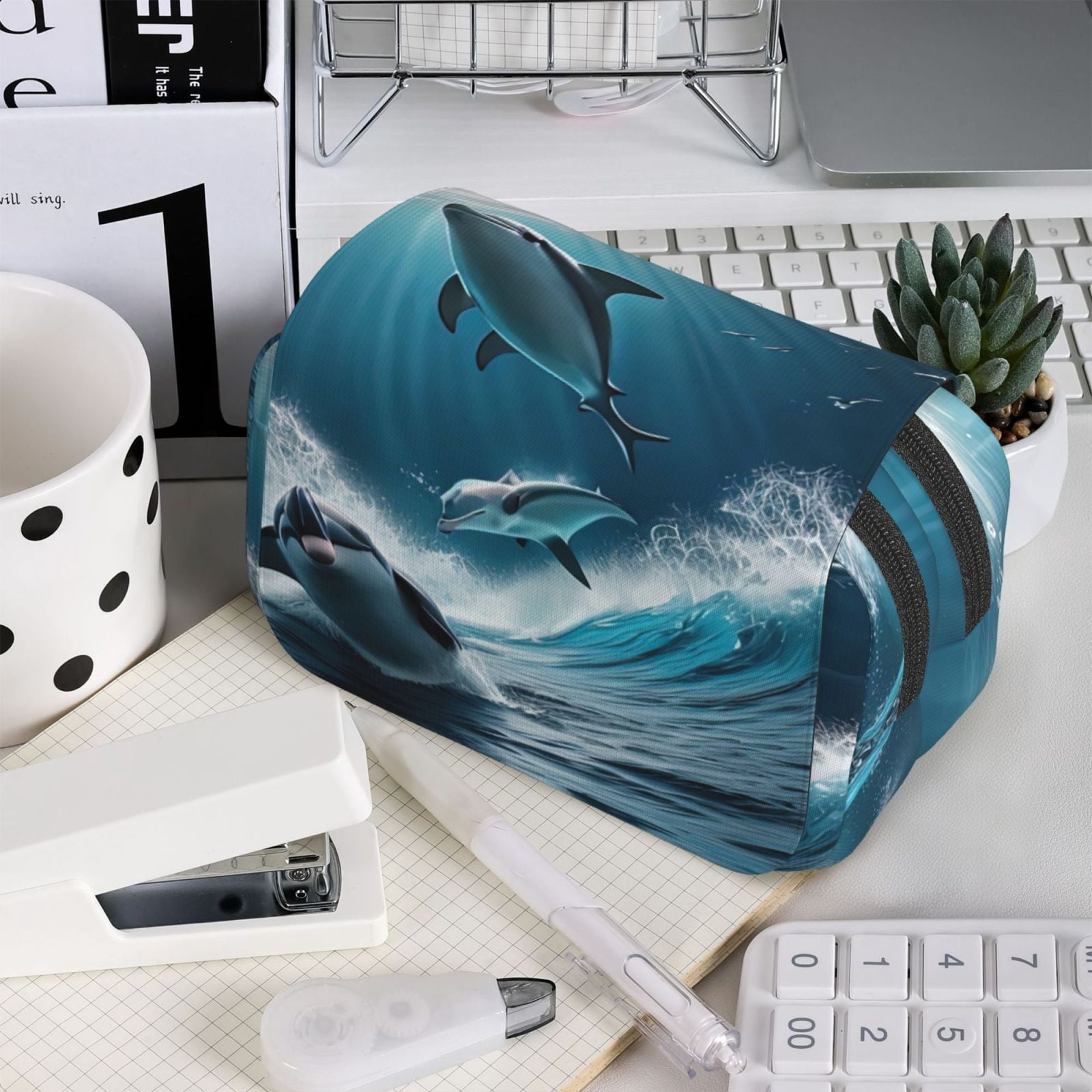 Rateoe Ice Blue Ocean Cute Dolphin A Pattern Double Clamshell Pen Case, Storage Organizer with Two Zipper Compartments– Holds Up to 50 Pencils & Pens