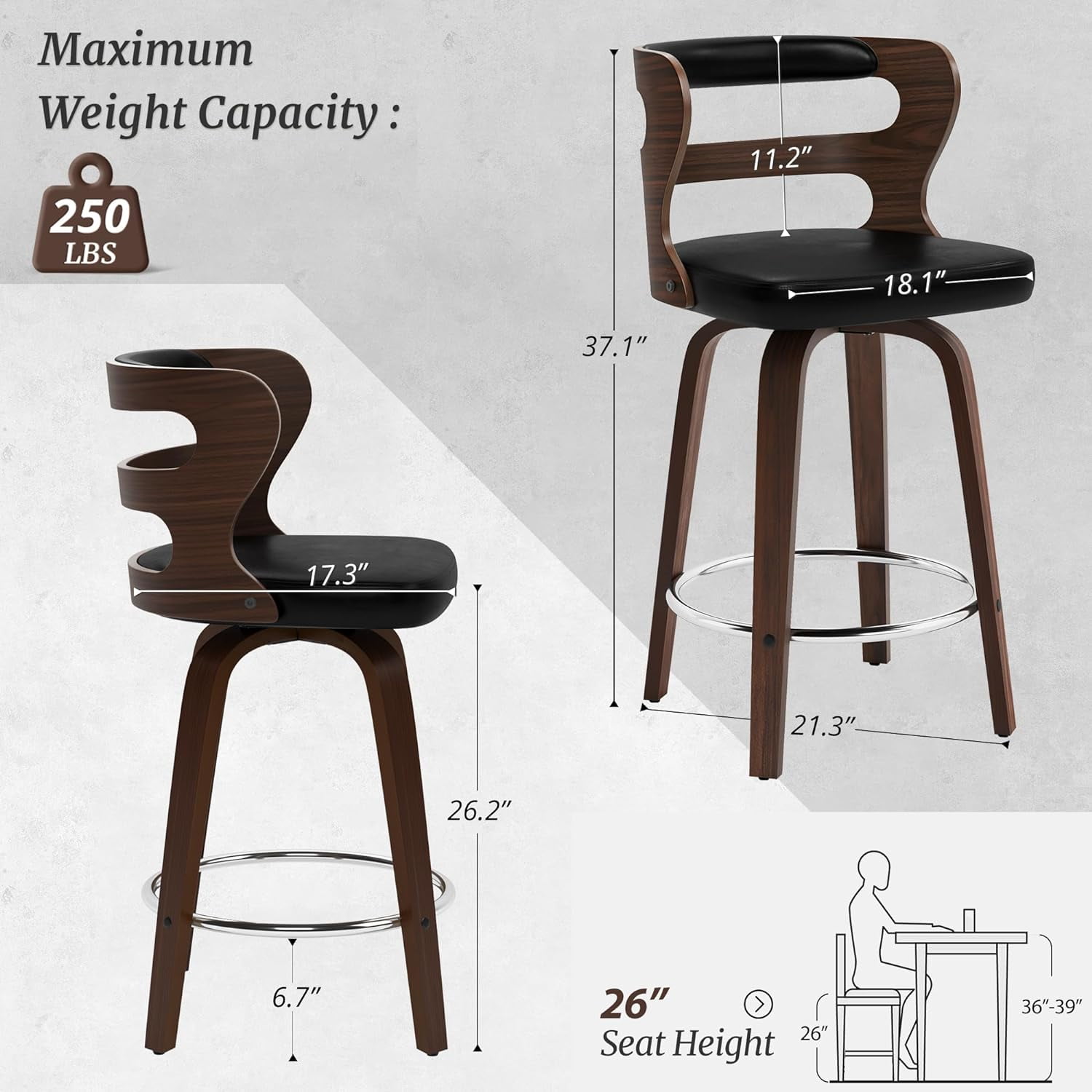 Dycanpo 26" Counter Height Bar Stools, Swivel Counter Stools with Back for Kitchen Island, Black