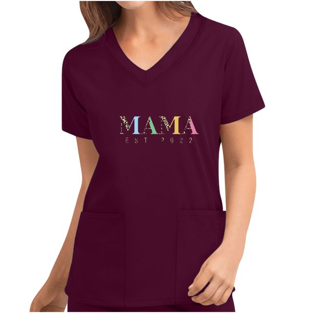 Mujeres de manga corta con cuello en V Tops Uniforme Día de la madre Impreso Bolsillos Blusa Enfermería Pompotops hkajfhjk465064